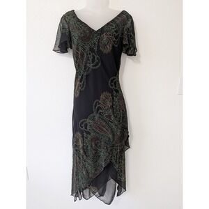 Vintage Whimsigoth Fairy Black Beaded‎ Paisley Midi Dress Flutter Sleeve Size 12